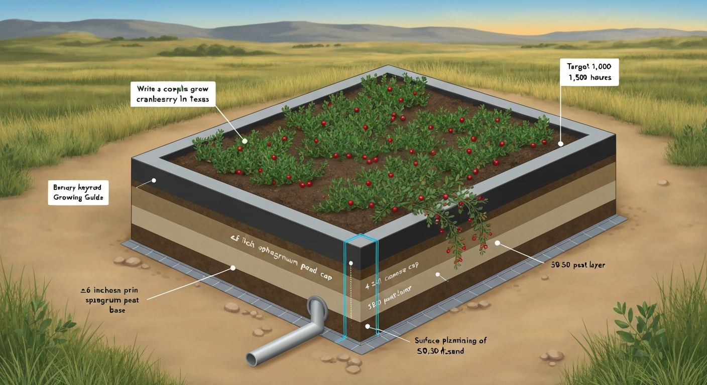 Illustration of a backyard constructed cranberry bog with layered cross-section, drain pipe, drip irrigation and cranberry plants in a Texas Panhandle setting.