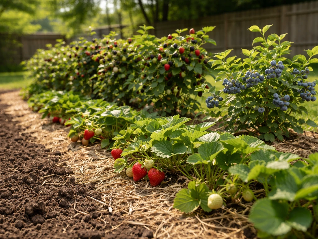 Sunlit Oklahoma backyard garden row with blackberry, strawberry, and blueberry plants fruiting in soil and mulch.
