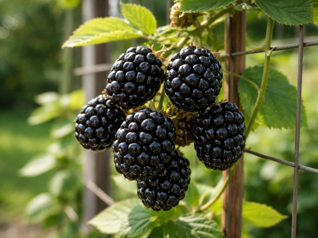 Close-up of ripe blackberries on a trellised, thornless blackberry cane with blurred garden background