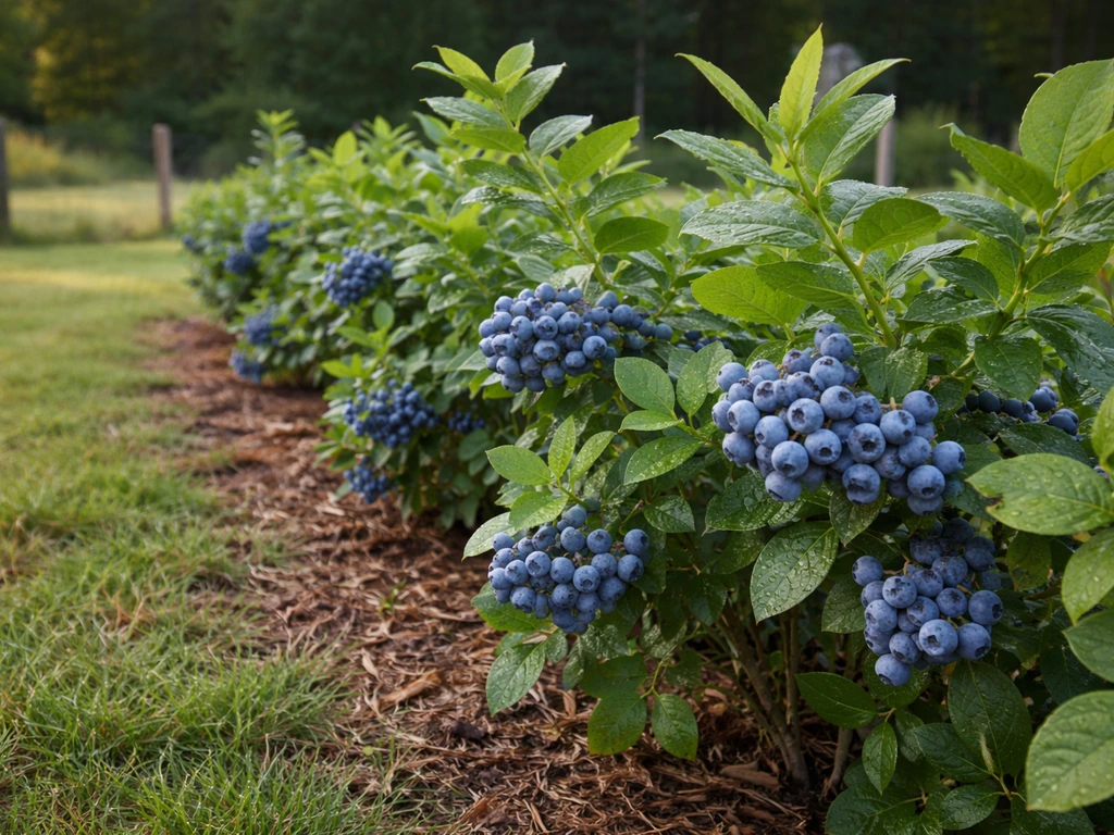 Northern highbush blueberry bushes with clusters of ripe blue berries in a simple northern Oklahoma garden.