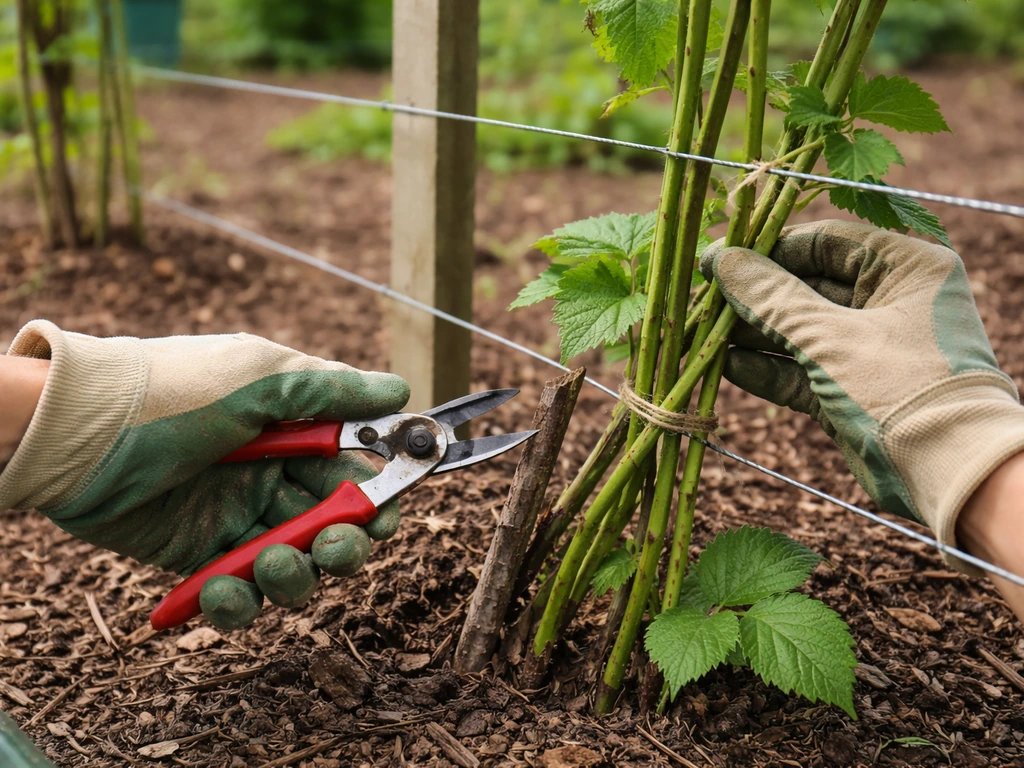 Hands pruning blackberry canes and tying primocanes to a simple trellis in a garden bed
