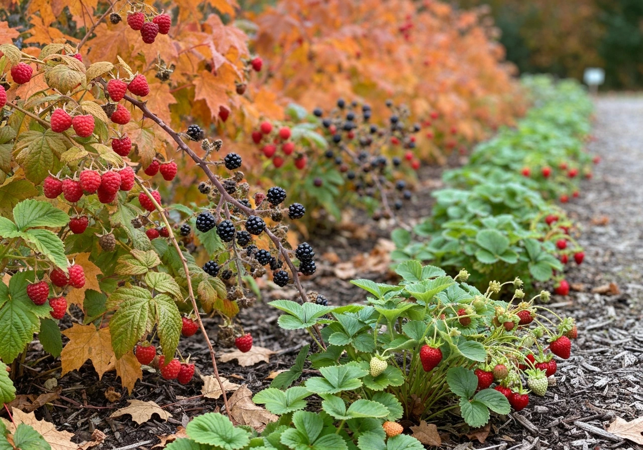 Raspberries, blackberries, and strawberries ripening on autumn plants with fall foliage in the background.