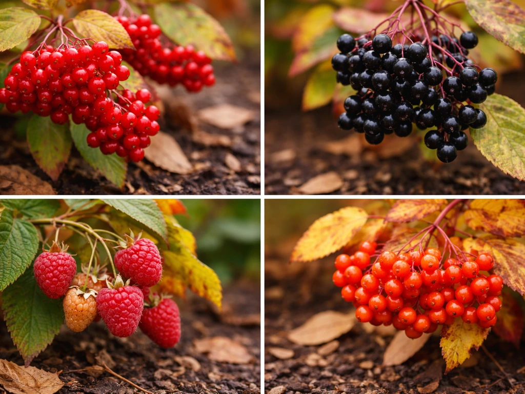 Close-up of ripe autumn berry clusters on garden plants with soft blurred background and fallen leaves.
