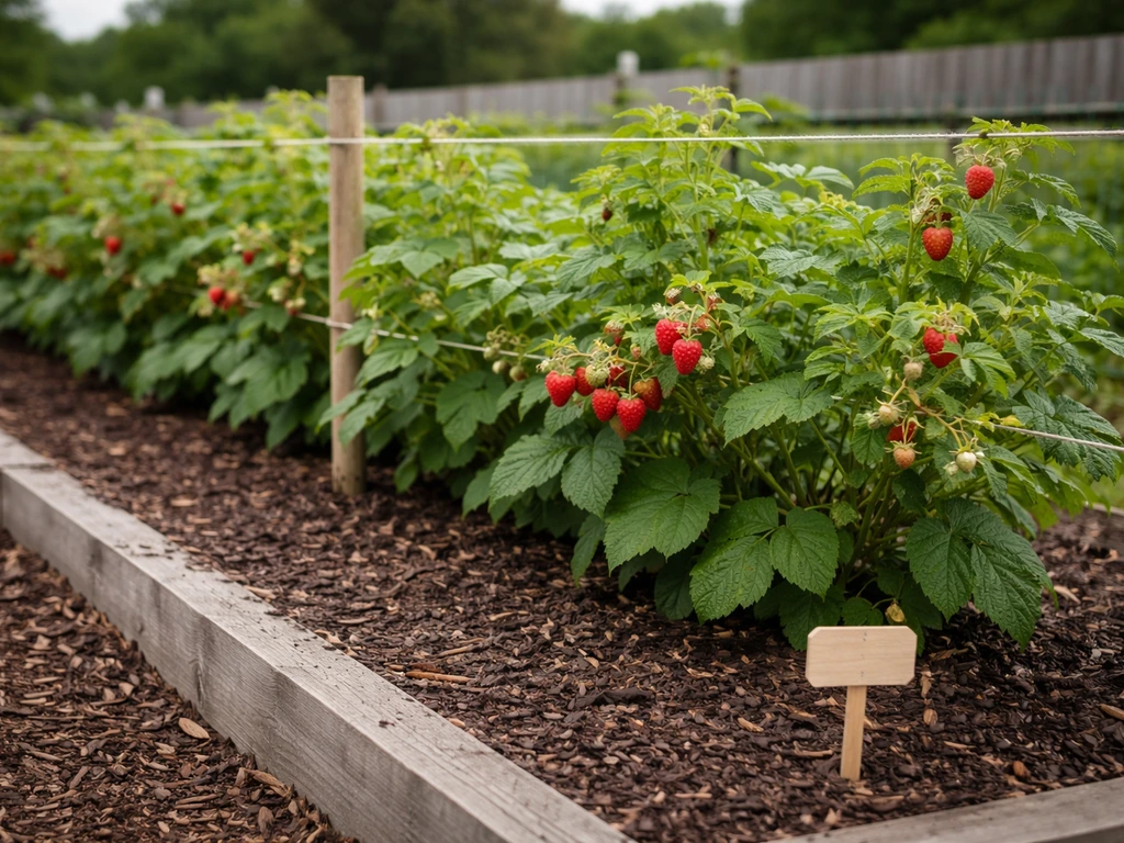 Mulched raspberry row with stakes and twine trellis, red berries ripening in late summer/fall