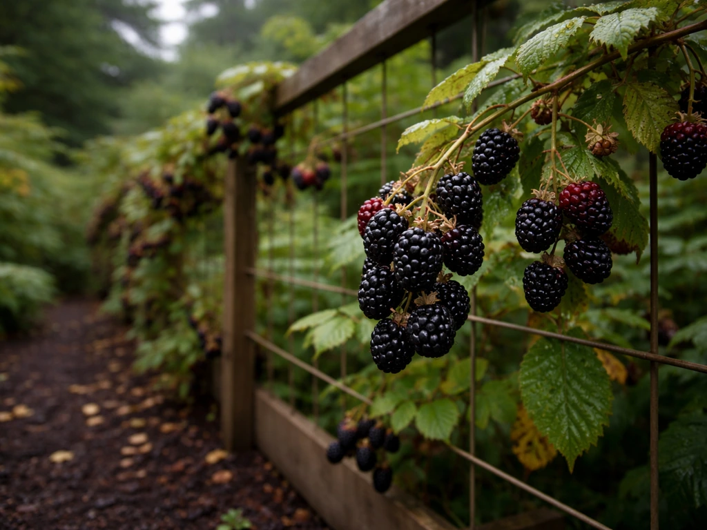 Trailing blackberry vines on a fence trellis with ripe berries in an overcast fall garden.