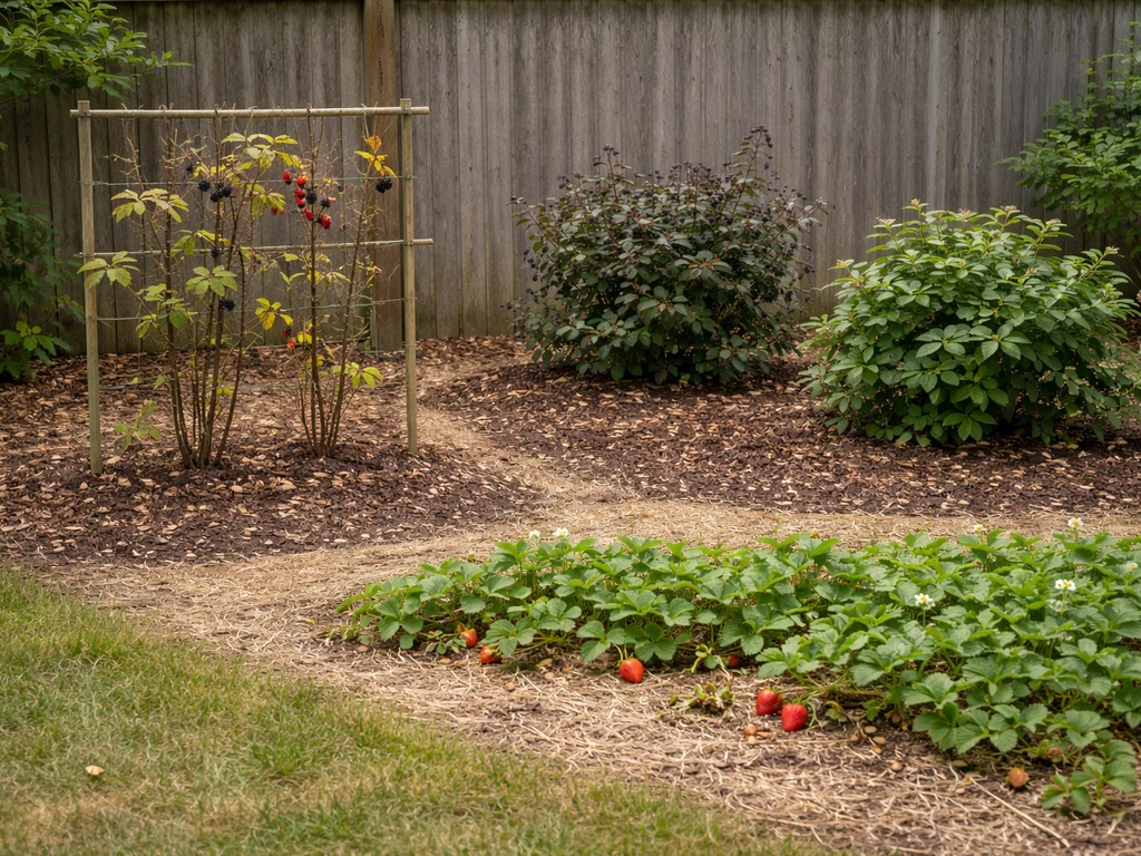Backyard garden with separated canes, shrubs, and groundcover runners showing autumn berries.