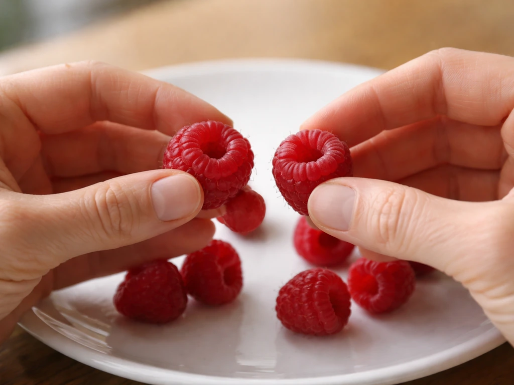 Hands gently comparing ripe and underripe raspberries on a white plate by texture and separation ease.