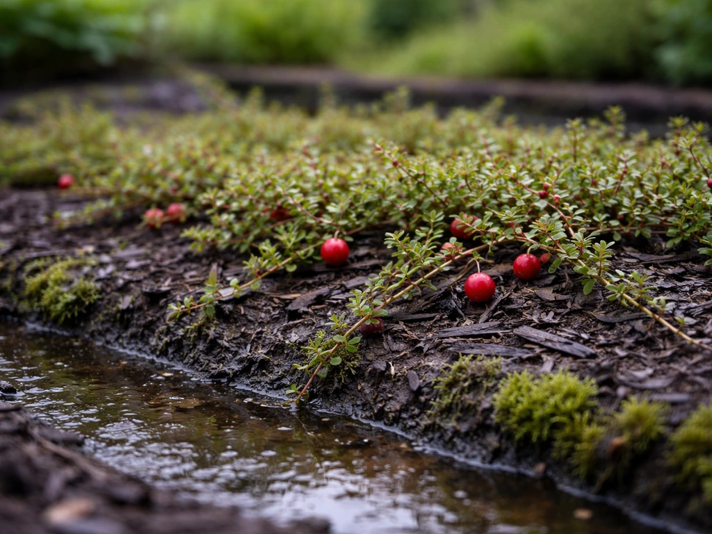 Bog-like cranberry bed with low vines and a few early red berries in cool, wet acidic soil.