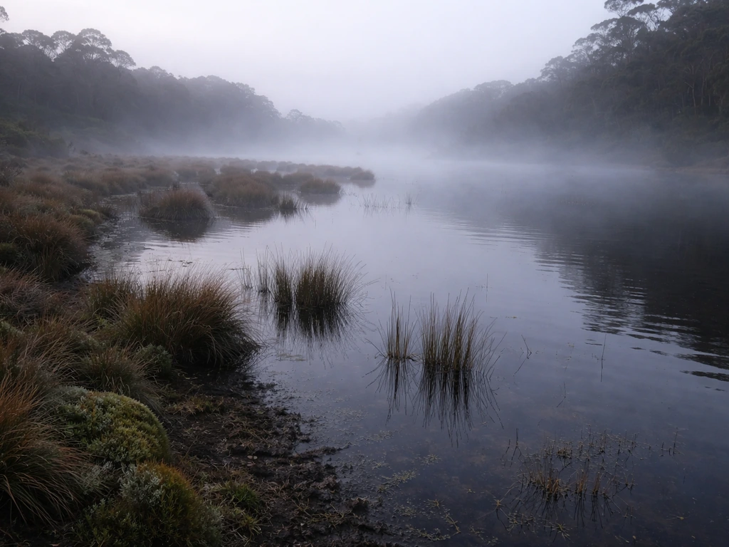 Foggy cool-temperate marshland in Tasmania with low shrubs and reeds, suggesting cranberry growing conditions.