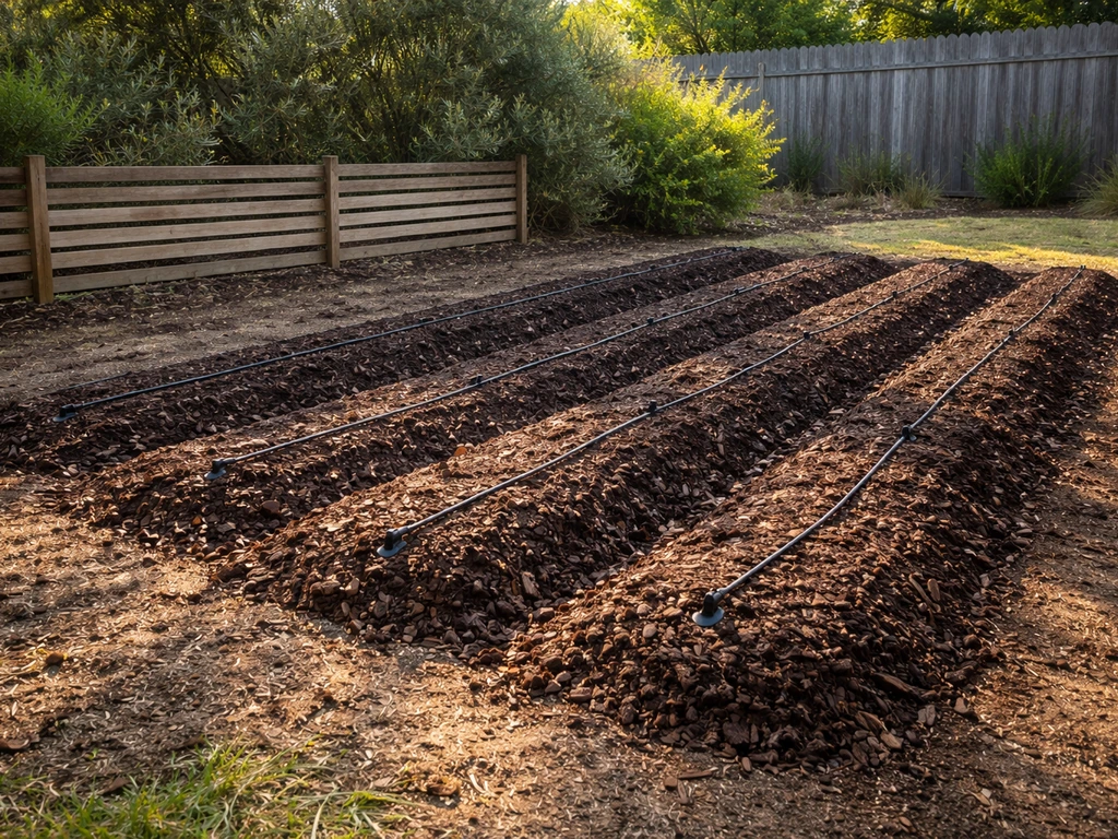 Cleared Australian garden bed prepared for cranberries with small windbreak and sheltered, sunny microclimate spot