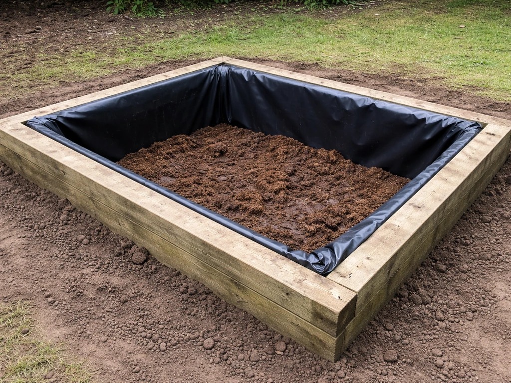 Timber-framed raised bog bed lined with pond liner, showing deep 30cm+ containment in a quiet garden plot.