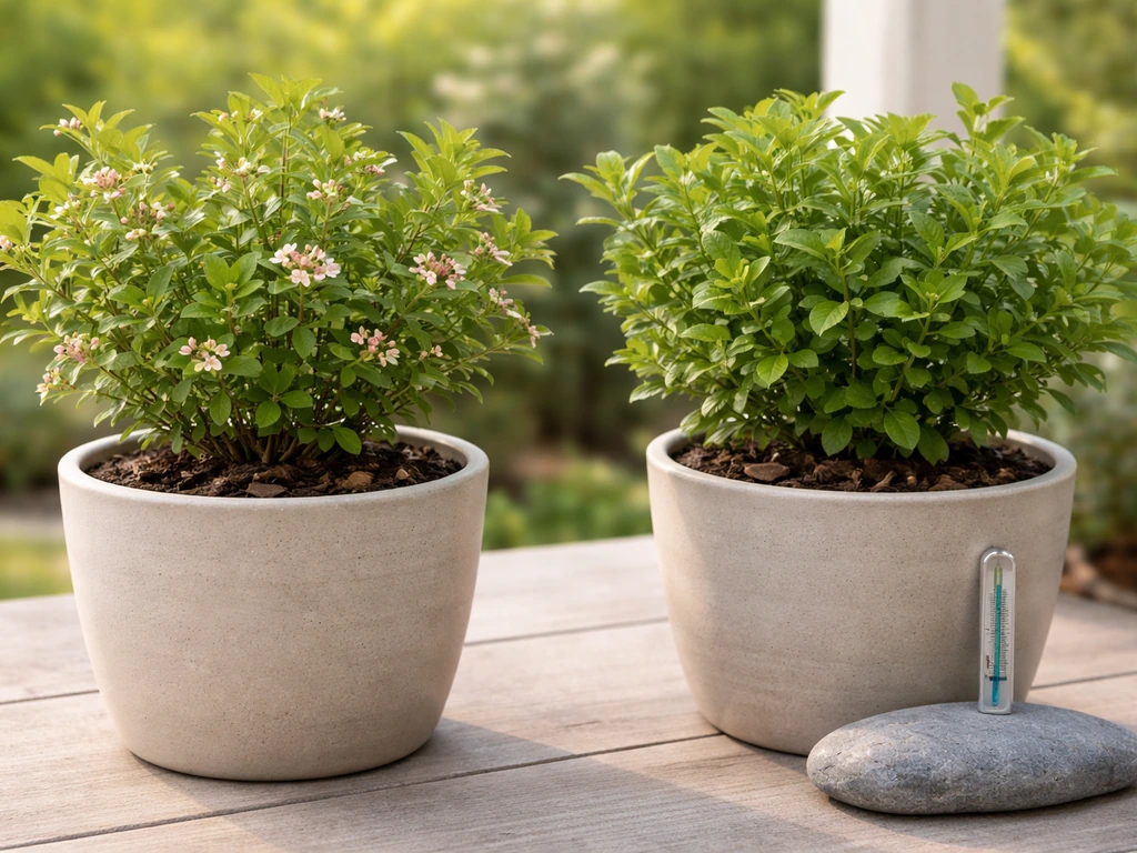 Close-up of a healthy cranberry plant beside a second pot with no blooms, on a veranda terrace.