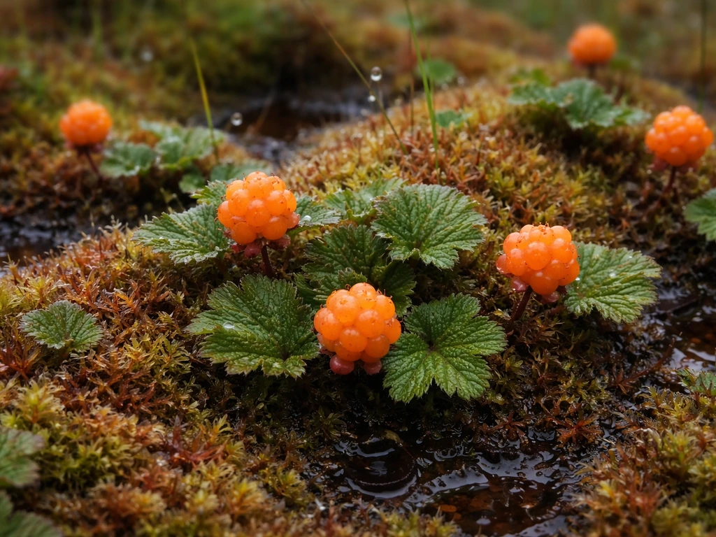 Close view of golden-orange cloudberries growing in a wet sphagnum bog with mossy peat backdrop.