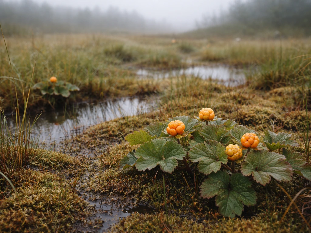 Sphagnum bog with cloudberry plants and a few ripe orange berries in misty Arctic wetland.
