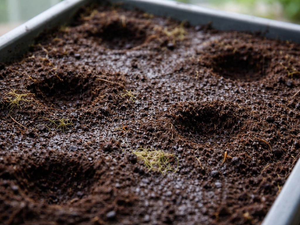Closeup of a damp sphagnum-peat bog soil mix in a lined home planting area with shallow spacing.