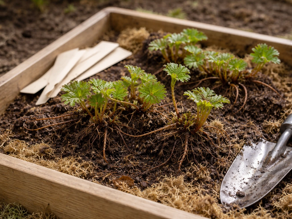 Fresh cloudberry runners and young crowns in a damp peat tray, ready for transplant beside blank tags.
