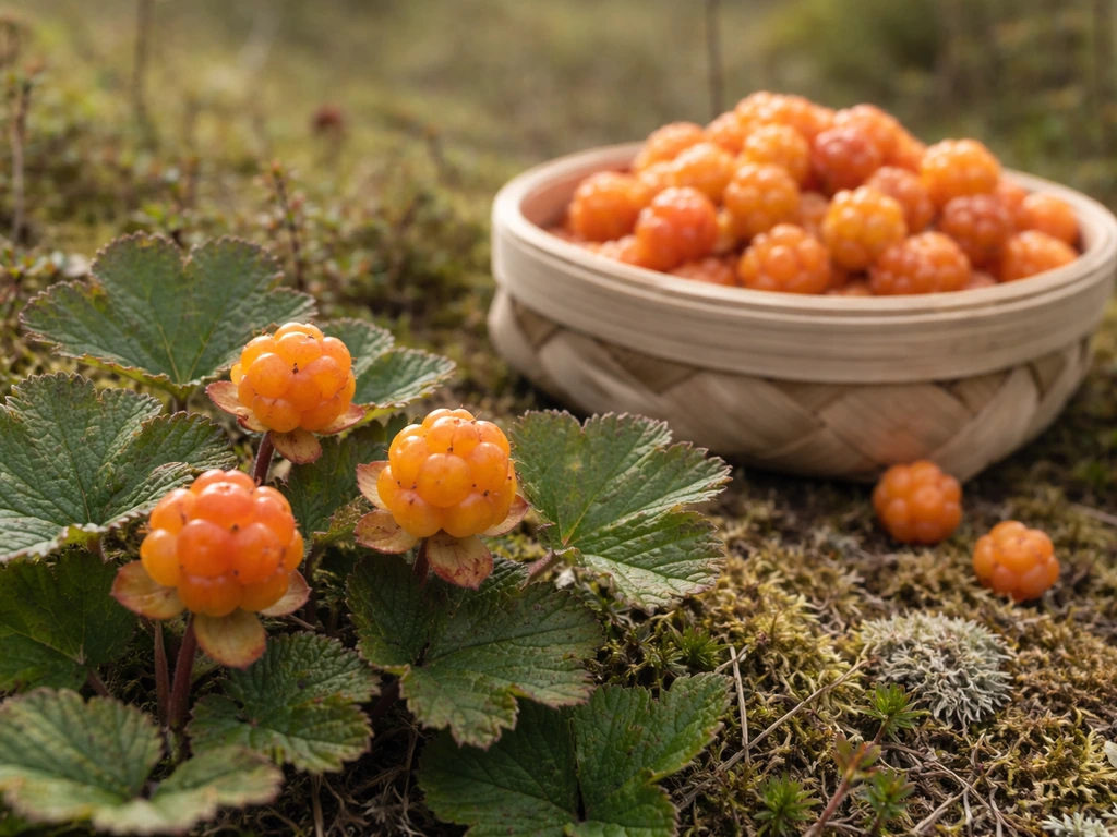 Ripe cloudberries on a plant beside a shallow basket of freshly picked berries in warm late-summer light.