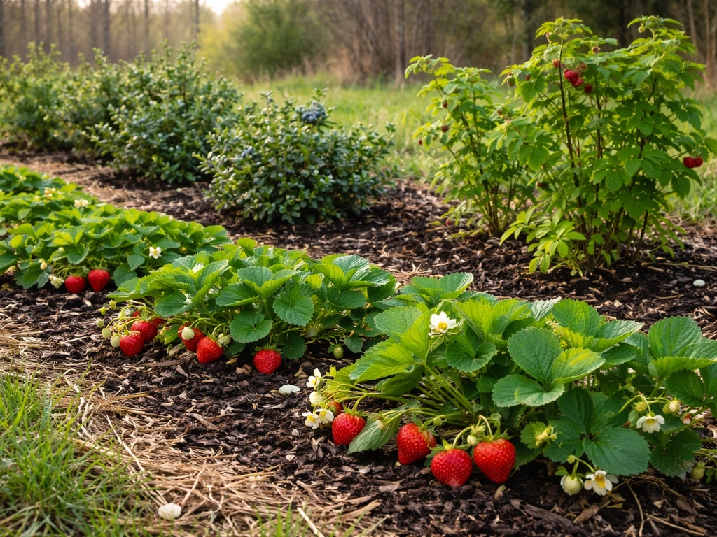 Minnesota garden bed with thriving blueberry, strawberry, and raspberry plants in cool-season light