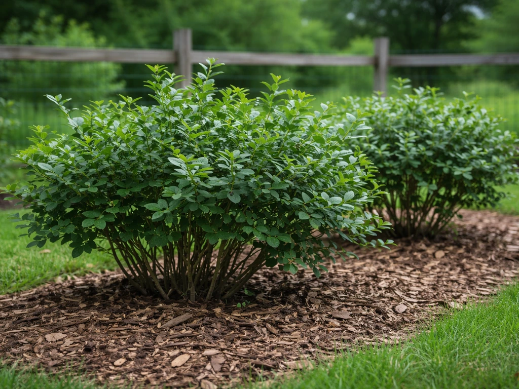 Half-high blueberry bushes in a mulched Minnesota garden bed with compact, hardy growth structure.