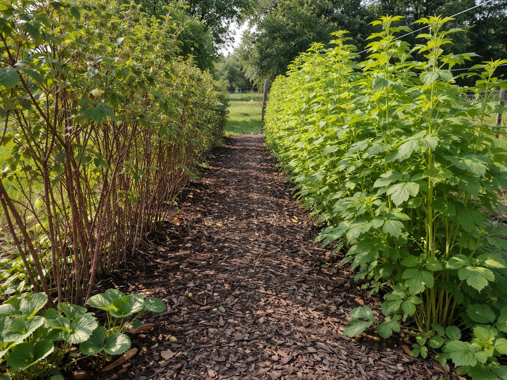 Raspberry planting showing woody floricanes and new green primocanes in one row under natural light.