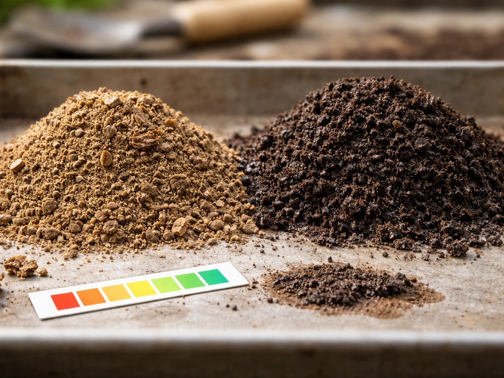Close-up of garden soil and mulch with a small pH testing strip in a clean tray for Minnesota berries