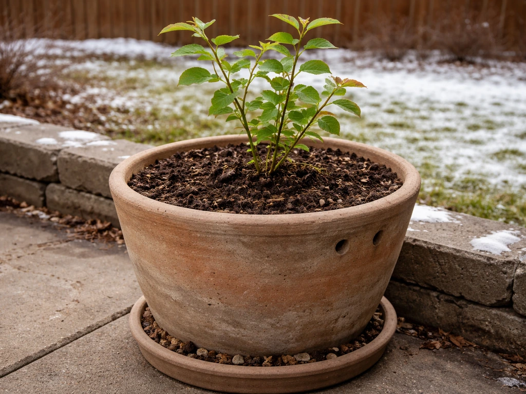 Large pot blueberry plant with peat-based soil mix and visible drainage on a small patio in Minnesota.