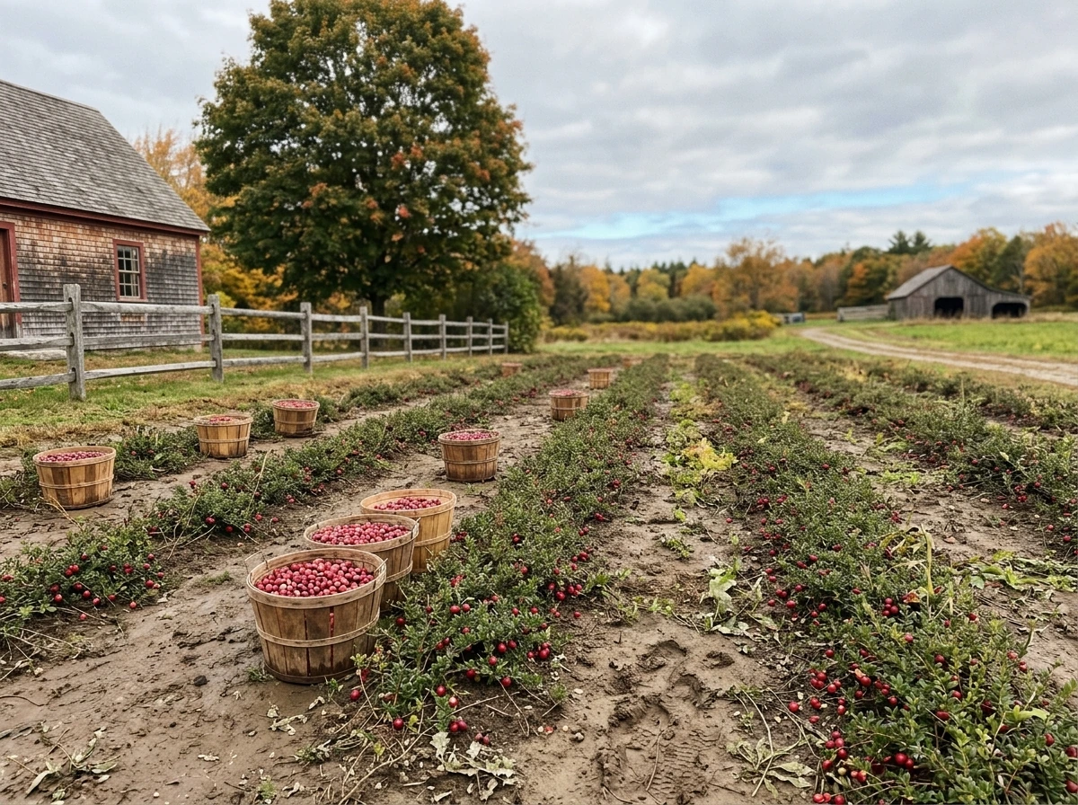 Rows of cranberry plants in Stardew-like autumn soil with red cranberries and harvest baskets