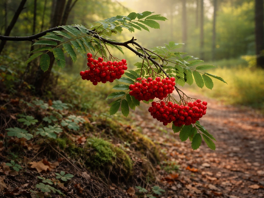 Red rowan berry clusters on a mountain ash branch at a quiet woodland edge in natural light.