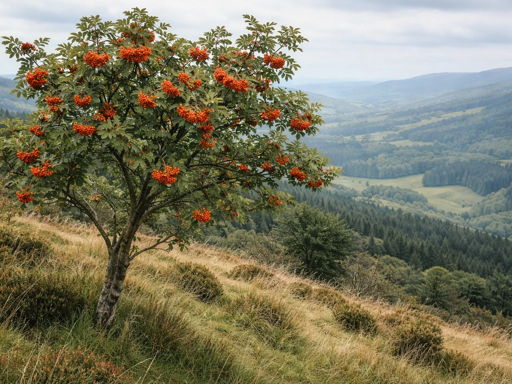 Wild European rowan mountain ash tree with orange-red berries on a hillside at natural daylight.