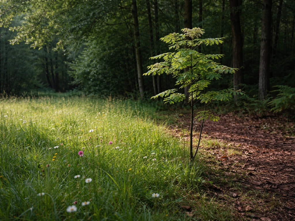 Rowan sapling thriving at a woodland edge where grass meets forest canopy.