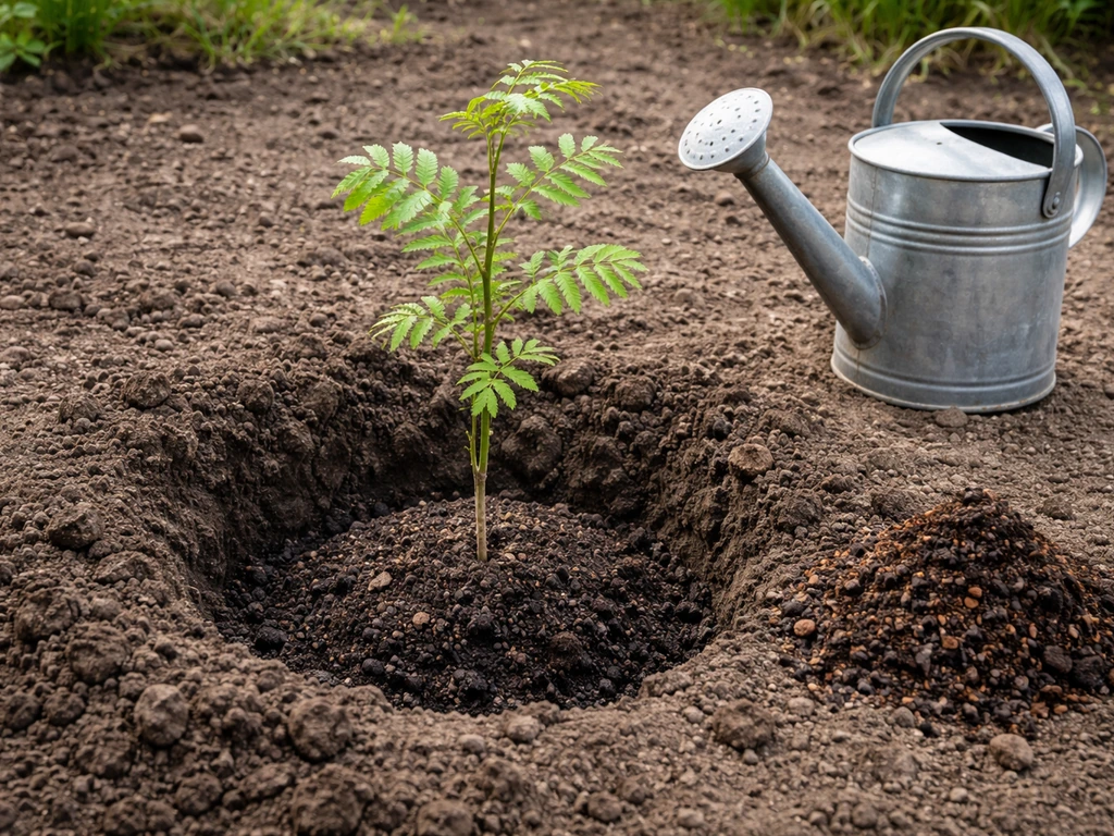Young rowan being planted in a freshly dug hole, soil and compost visible with a watering can nearby.