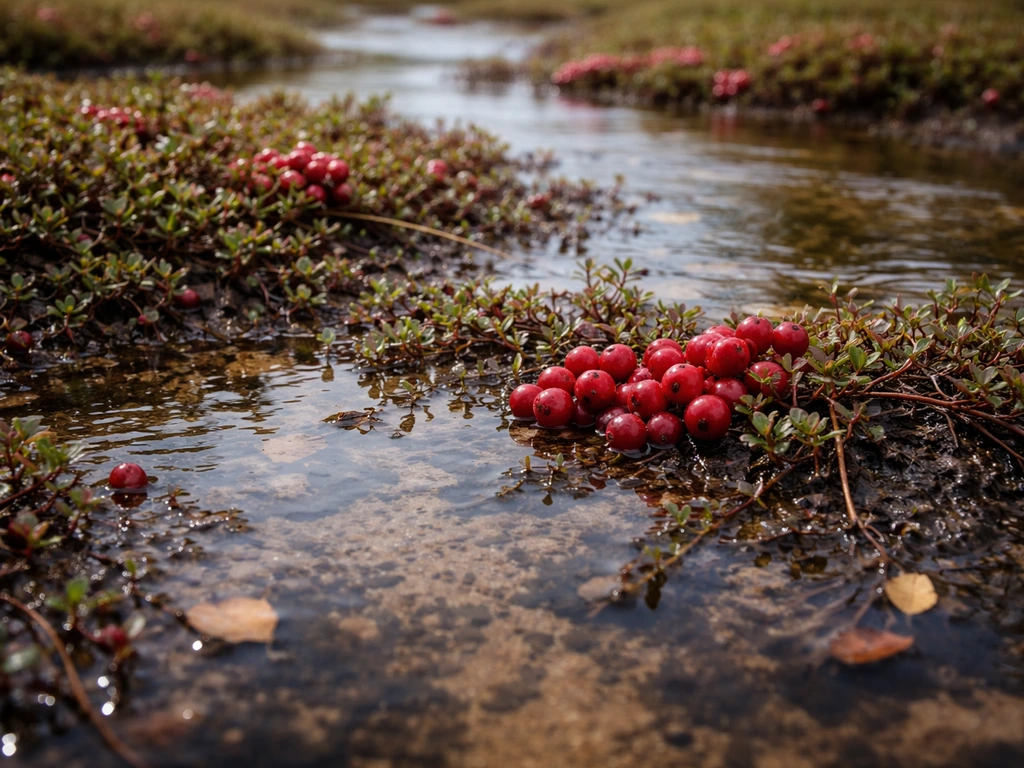 Cranberry vines in a waterlogged bog with shallow water over sandy peat and red berries