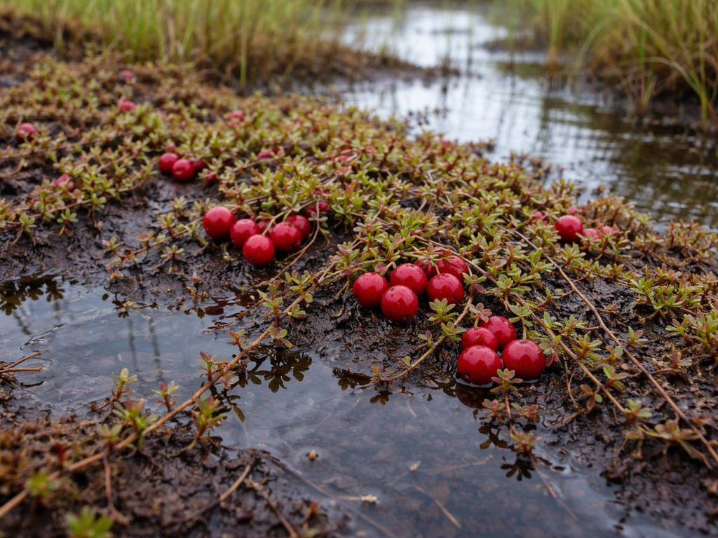 Close view of cranberries growing in a wet peat bog with low vines and red berries near shallow water