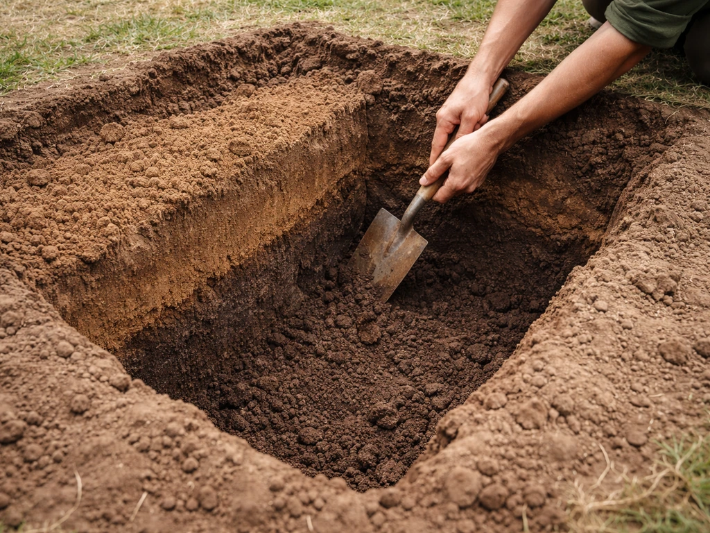 Gardener excavating a deep garden bed, showing wetland-style layered soil with sandy top layer.