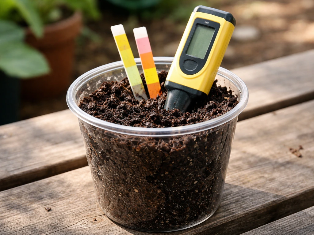 Close-up of soil pH test strips in a small cup of dark acidic soil, showing strong acidity target range.