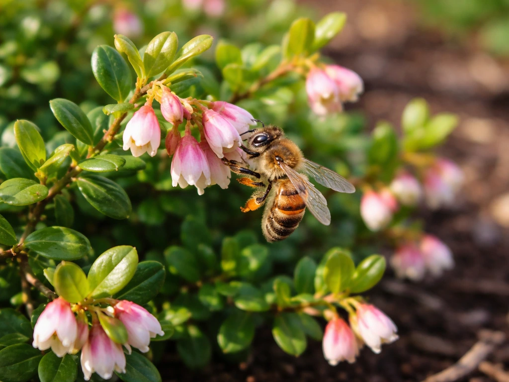 A honeybee hovering on cranberry blossoms, pollinating in a small home garden.