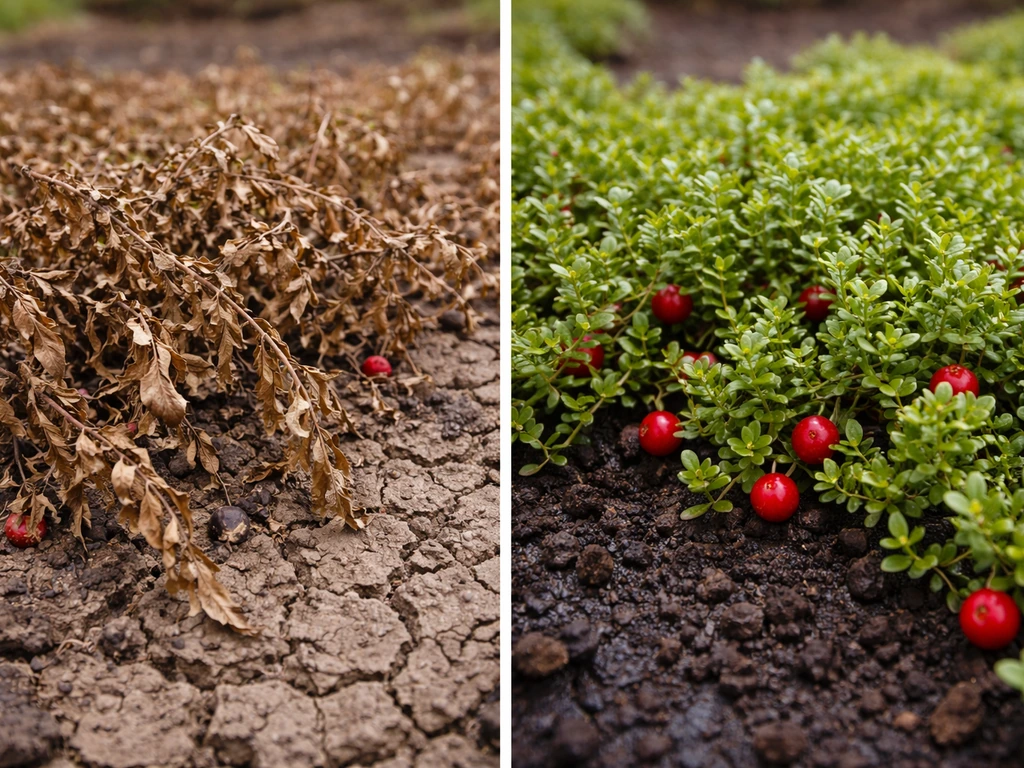 Split view of wilting cranberry vines in dry soil next to healthy, moist vines with green leaves.