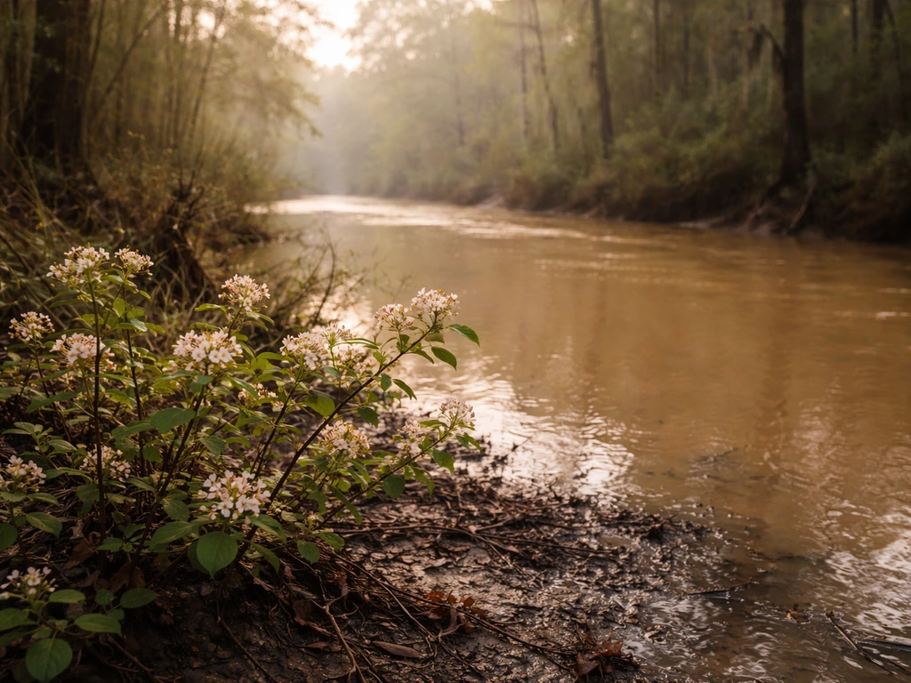 Wet Gulf Coast river floodplain with blooming brambles and lush trees along the shoreline