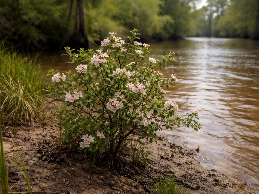 Mayhaw shrub with pale pink blossoms growing wild along a Gulf Coast riverbank