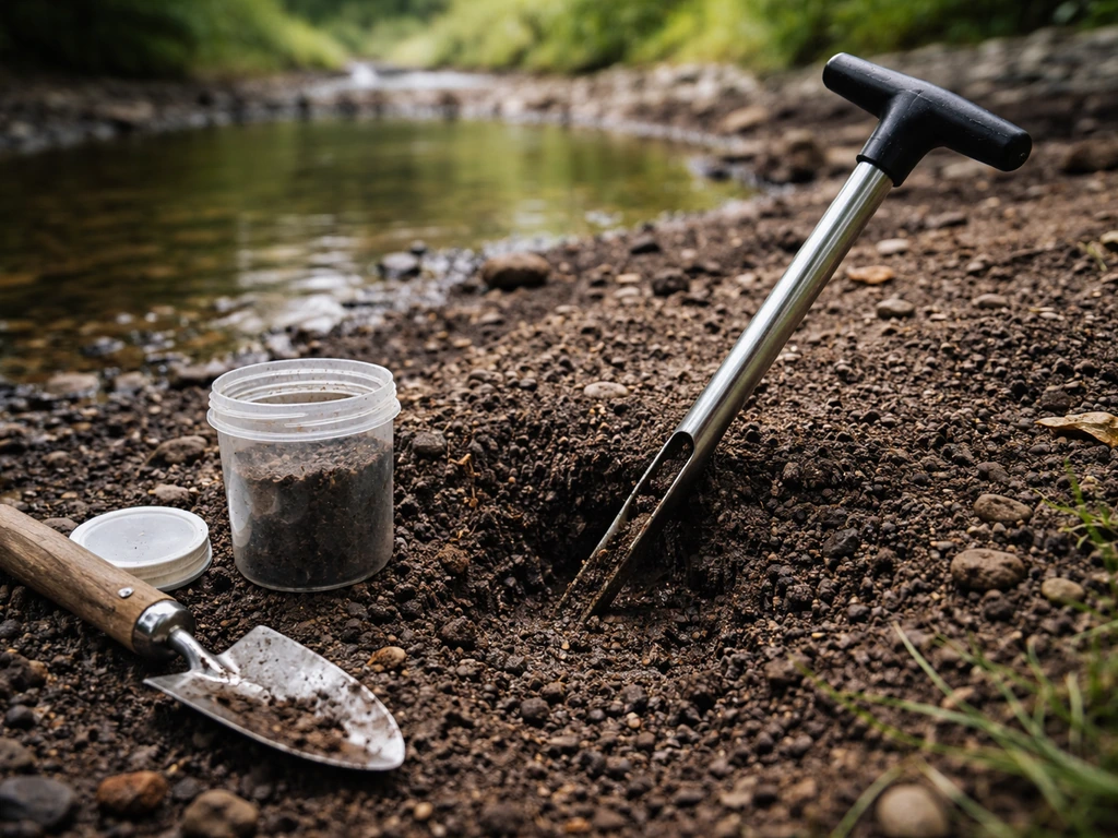 Close-up of damp soil near a creek edge with a soil probe checking moisture for drainage
