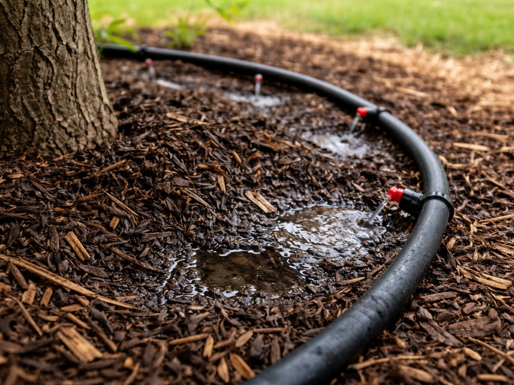 Drip irrigation line watering dark mulched soil under a tree canopy dripline.