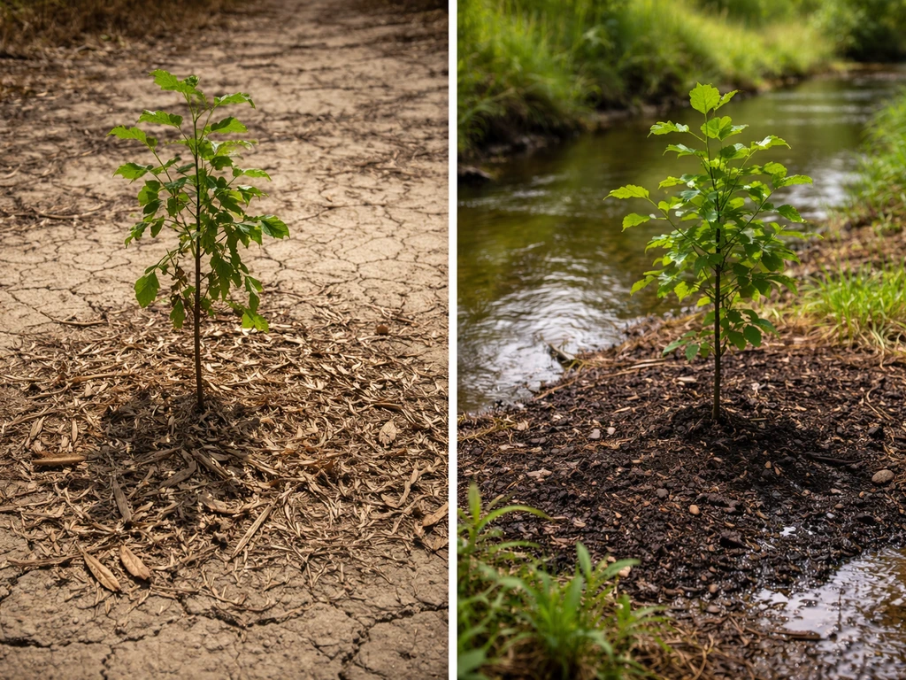 Split photo of mayhaw sapling in dry cracked soil vs healthy mayhaw in moist wet-edge soil.