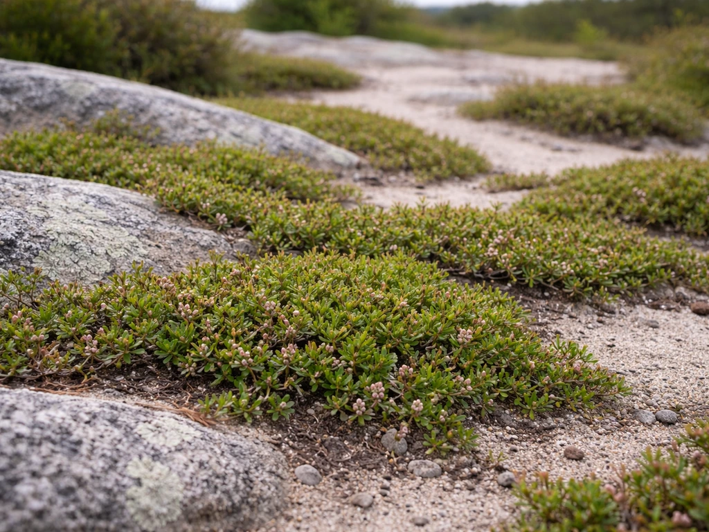 Low evergreen bearberry groundcover spreading across rocky, sandy habitat in natural light