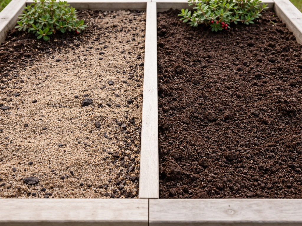 Side-by-side beds showing amended sandy acidic soil versus darker unamended loamy garden soil for bearberry.