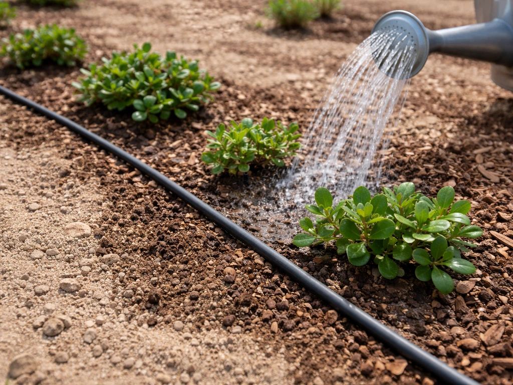 Newly planted bearberry shrubs in sandy soil with drip line and watering can, showing dry-to-moist soil transition.