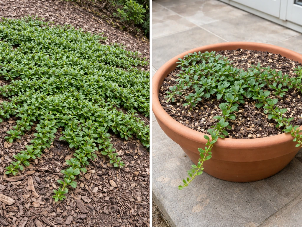 Two simple garden scenes showing bearberry in-ground mat vs a wide shallow pot with trailing stems.