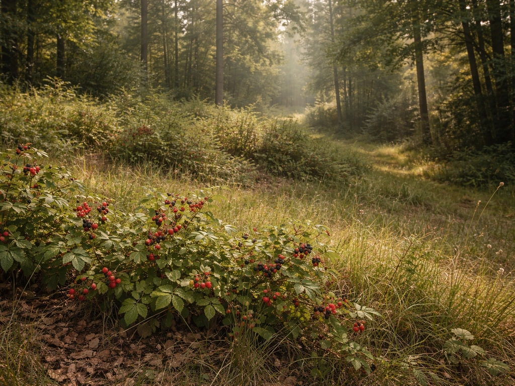 Sunlit woodland edge with wild berry shrubs and berries in the foreground, natural habitat landscape.