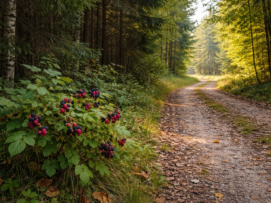 Vivid woodland edge where dense trees give way to a clearing with wild berry bushes along an old logging road.