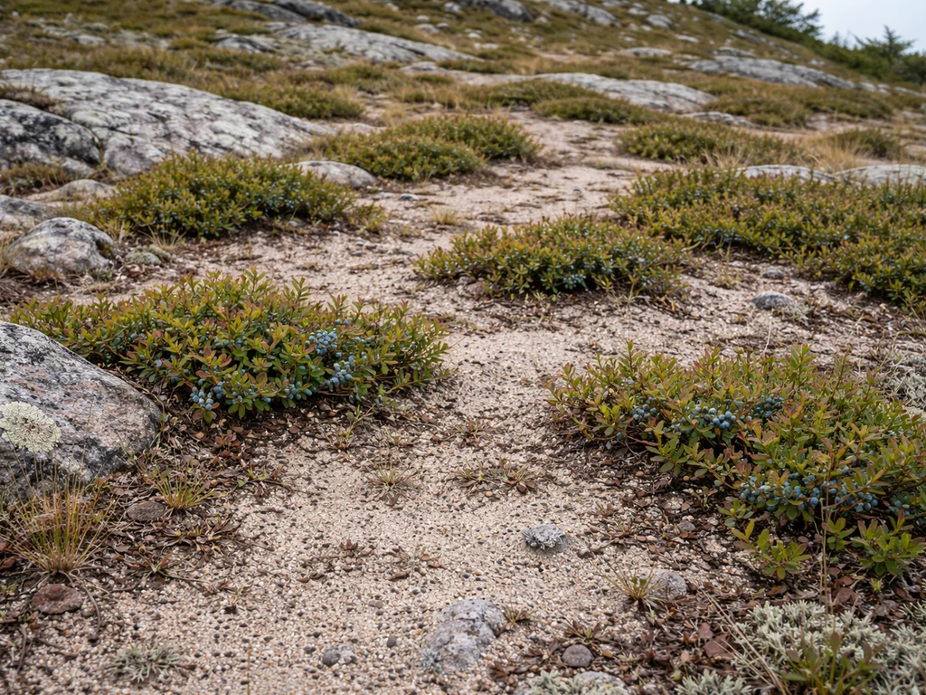 Open rocky hillside with low wild berry shrubs growing in sandy, thin soil.