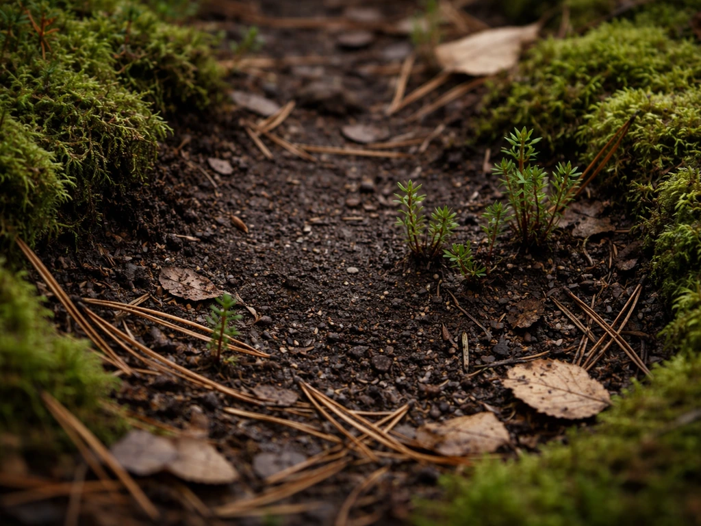 Moist forest soil close-up with green moss, pine needles, and leaf litter indicating acidic conditions.